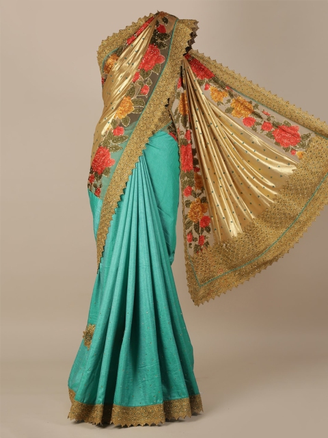 

Pothys Gold-Toned & Green Jute Silk Printed Saree