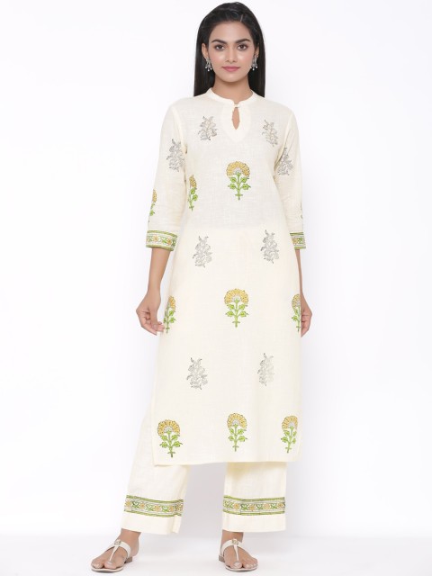 

fabGLOBAL Women Off-White & Yellow Printed Kurta with Palazzos