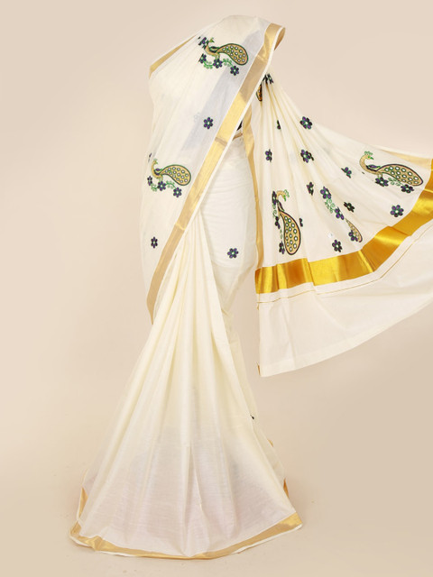 

Pothys Off-White Embroidered Pure Cotton Saree