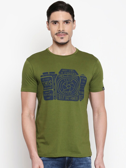 

People Men Green Printed Round Neck Cotton T-shirt