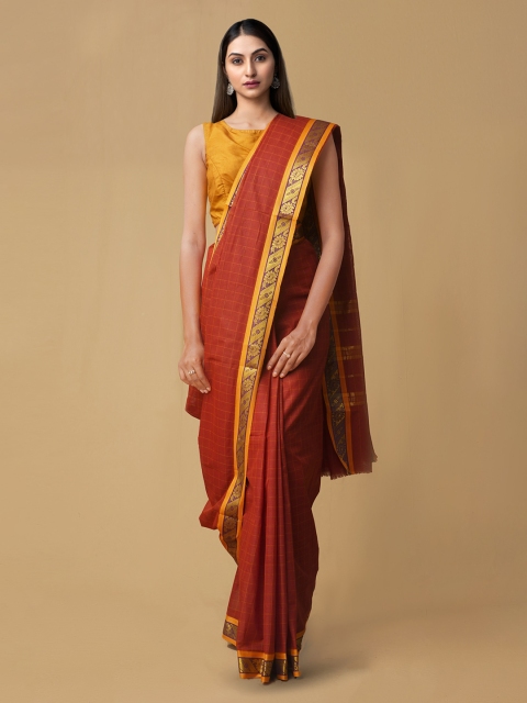 

Unnati Silks Red & Gold-Toned Pure Cotton Checked Chettinad Saree