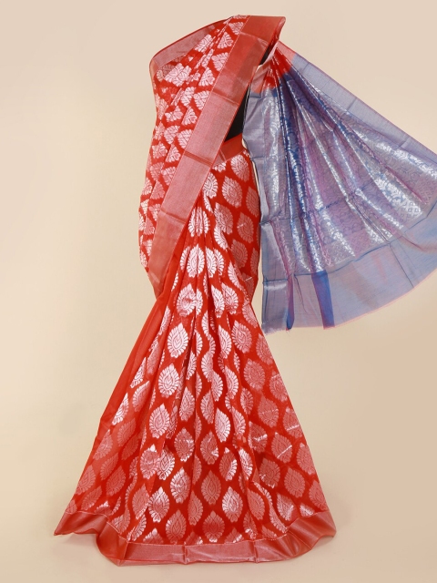 

Pothys Red & Silver-Toned Silk Cotton Printed Saree