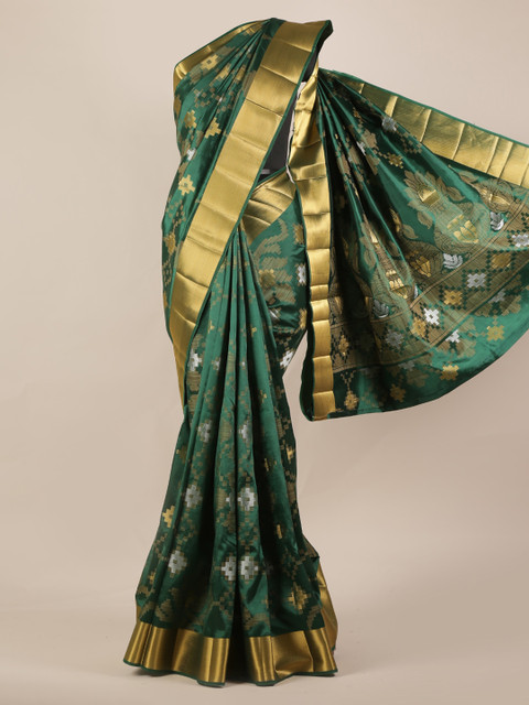 

Pothys Green & Gold-Toned Jute Silk Woven Design Saree