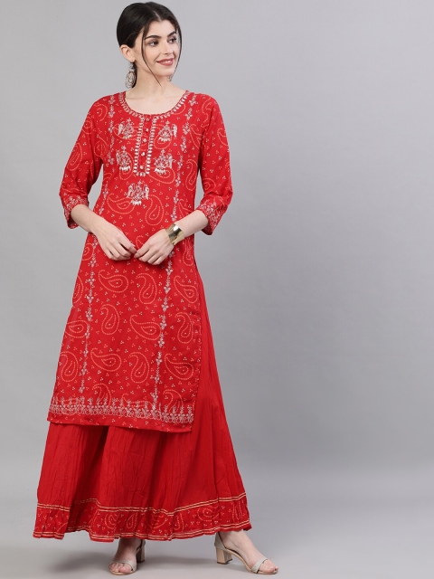 

Ishin Women Red & Red Embroidered Kurti with Sharara & Dupatta