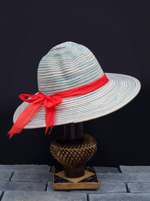 

Golden Peacock Women Blue & Beige Woven-Design Straw Sun Hat
