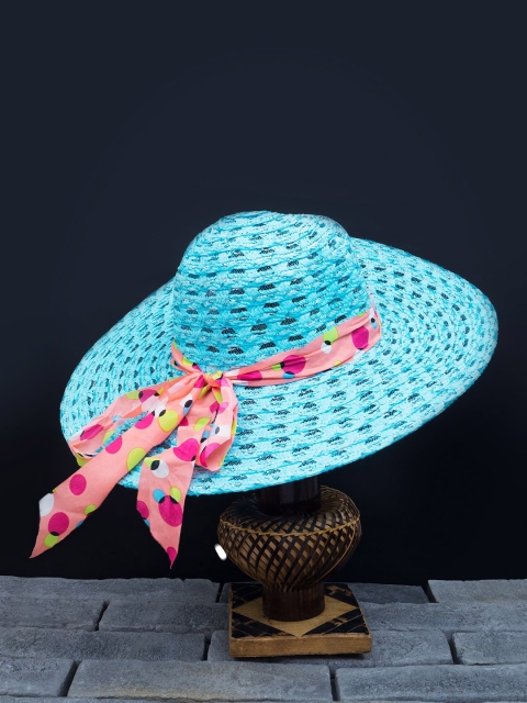 

Golden Peacock Women Blue & Pink Woven-Design Straw Sun Hat