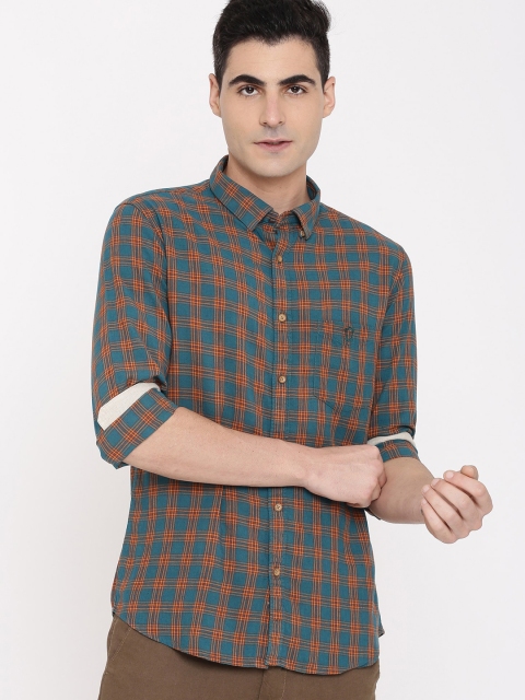 

True Blue Men Teal & Coral Regular Fit Checked Casual Shirt
