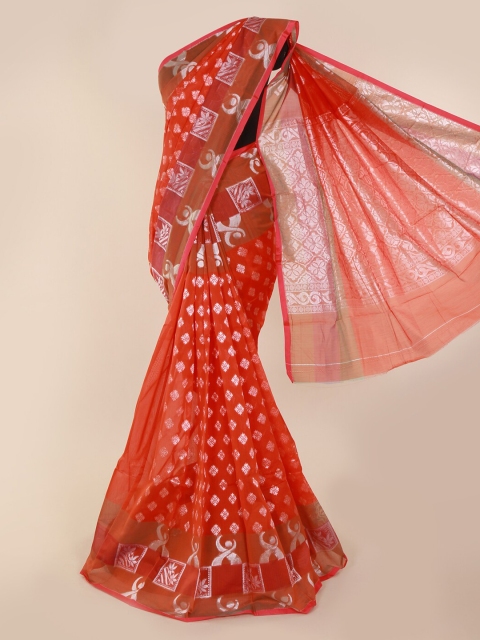 

Pothys Orange & Silver-Toned Silk Cotton Woven Design Saree