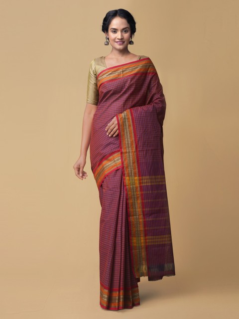 

Unnati Silks Purple Pure Cotton Solid Handloom Chettinad Saree