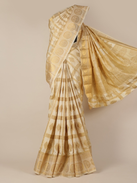 

Pothys Cream-Coloured & Gold-Toned Jute Silk Woven Design Saree