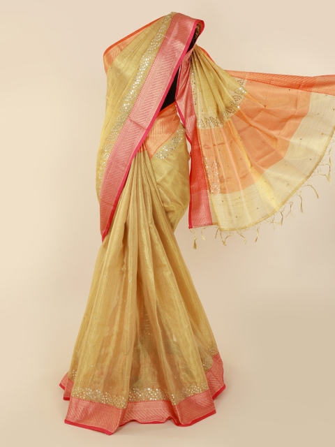 

Pothys Yellow Polycotton Colourblocked Banarasi Saree