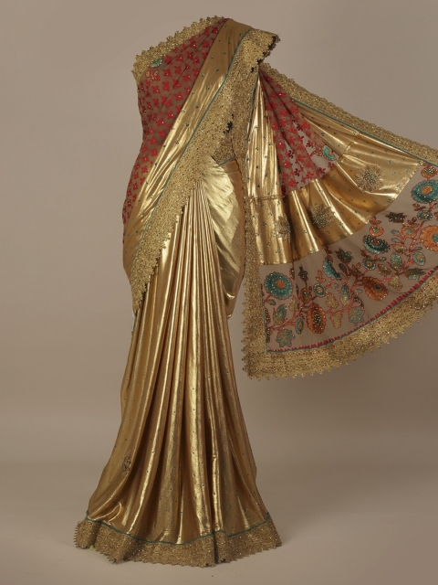 

Pothys Gold-Coloured & Turquoise Blue Jute Silk Floral Embroidered Saree