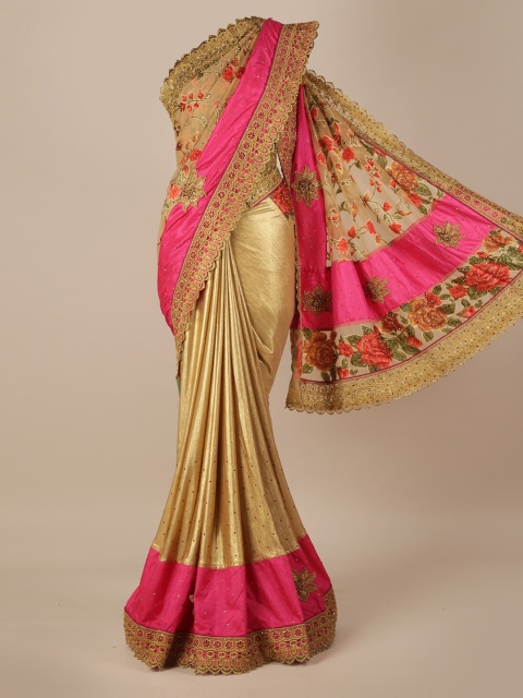 

Pothys Gold-Coloured & Pink Jute Silk Embellished Saree
