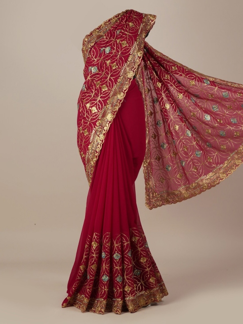 

Pothys Magenta & Blue Poly Georgette Floral Embellished Saree