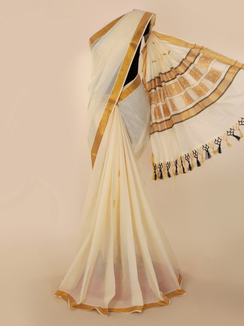 Pothys Beige Pure Cotton Solid Kasavu Saree
