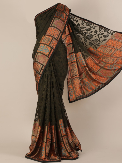 

Pothys Olive Green & Orange Poly Chiffon Printed Saree