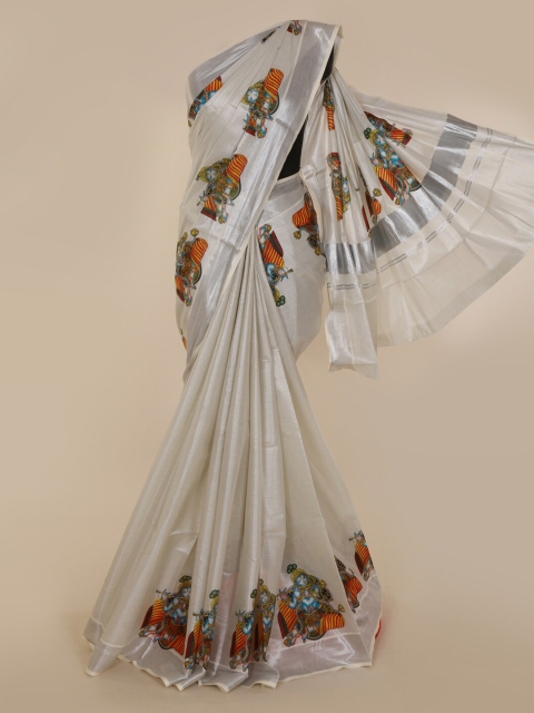 

Pothys Off-White & Silver-Toned Pure Cotton Printed Kasavu Saree