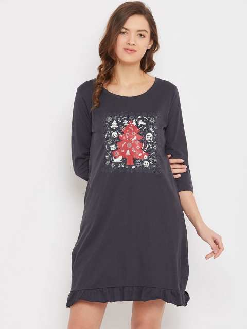 

Clovia Grey Pure Cotton Printed Sleep Shirts