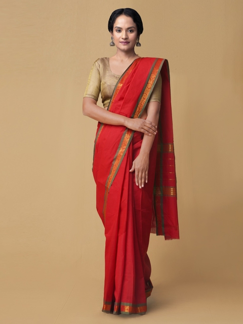 

Unnati Silks Red Pure Cotton Solid Venkatgiri Handloom Saree