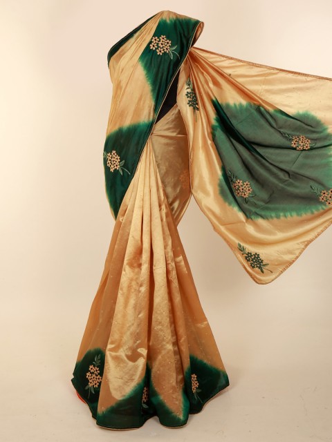 

Pothys Tan & Green Jute Silk Embellished Saree
