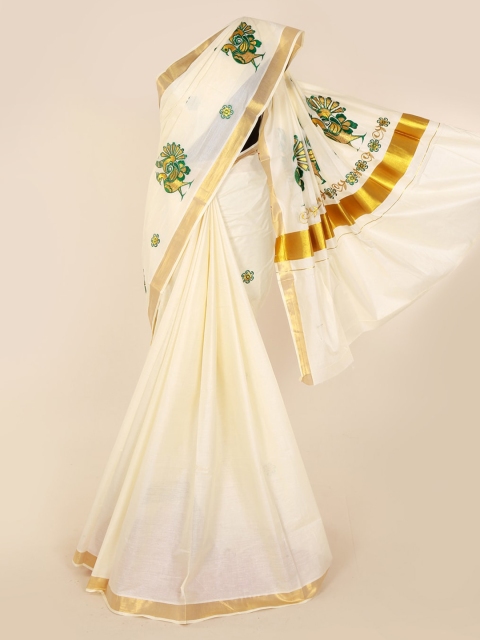 

Pothys Off-White Pure Cotton Printed Kasavu Saree