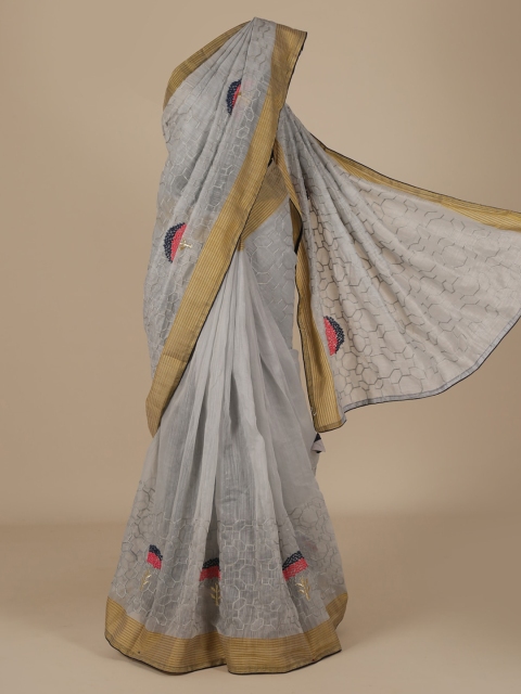 

Pothys Grey Embroidered Poly Chiffon Saree