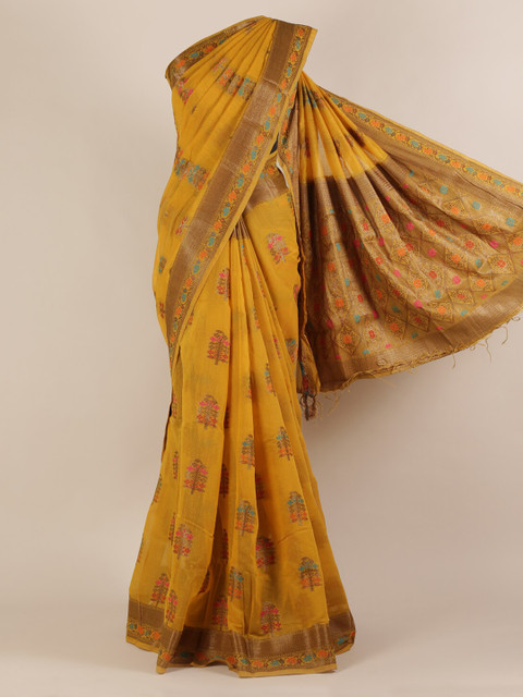 

Pothys Mustard & Bronze-Toned Jute Silk Woven Design Saree