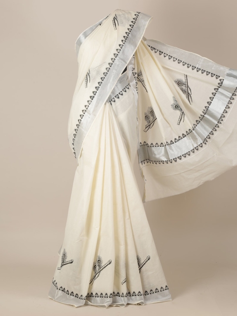 

Pothys Beige Pure Cotton Woven Design Kasavu Saree