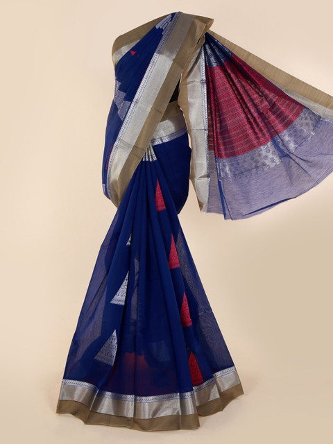 

Pothys Blue & Silver-Toned Silk Cotton Woven Design Saree