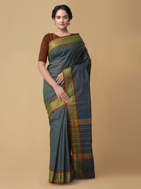 

Unnati Silks Green & Gold-Toned Pure Cotton Checked Chettinad Saree