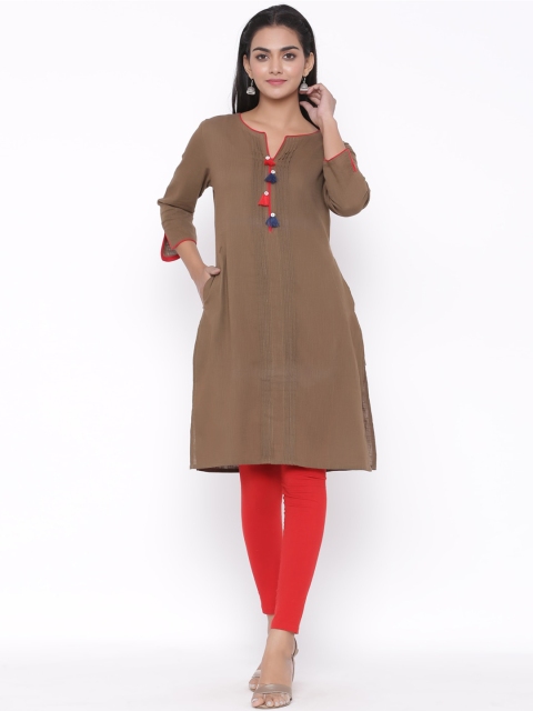 

fabGLOBAL Women Brown Solid Straight Kurta