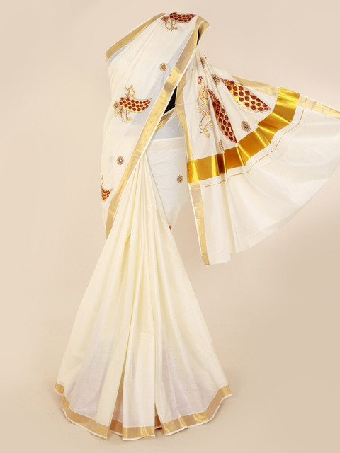 

Pothys Off-White Embroidered Pure Cotton Saree