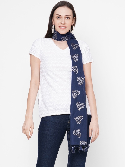 

Get Wrapped Women Blue & White Printed Scarf with Tasselled Border