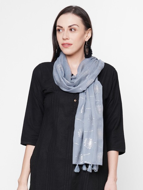 

Get Wrapped Women Grey & Silver-Coloured Printed Scarf with Tasselled Border