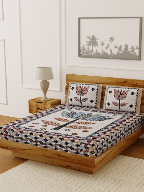 

LIVING ROOTS Beige & Black Floral Printed 144 TC 1 King Bedsheet With 2 Pillow Covers