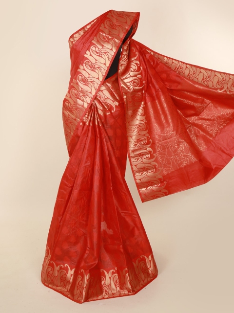 

Pothys Red Jute Silk Woven Design Tussar Saree