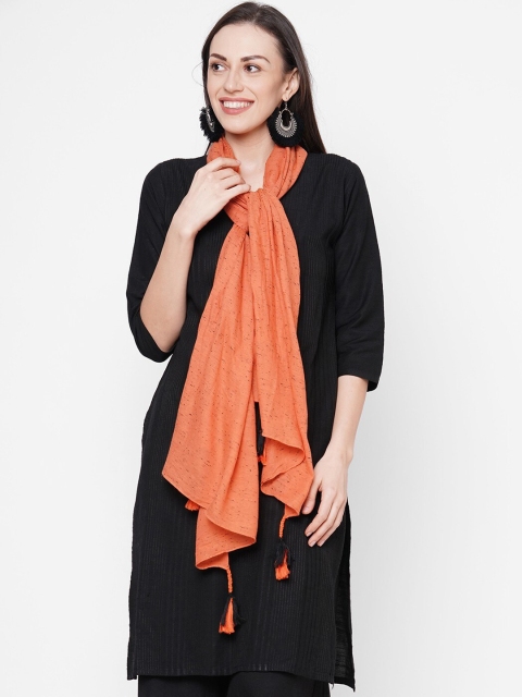 

Get Wrapped Women Orange Self Design Scarf with Tasselled Border