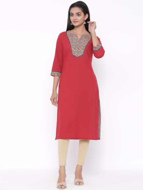 

fabGLOBAL Women Maroon Yoke Design Straight Kurta