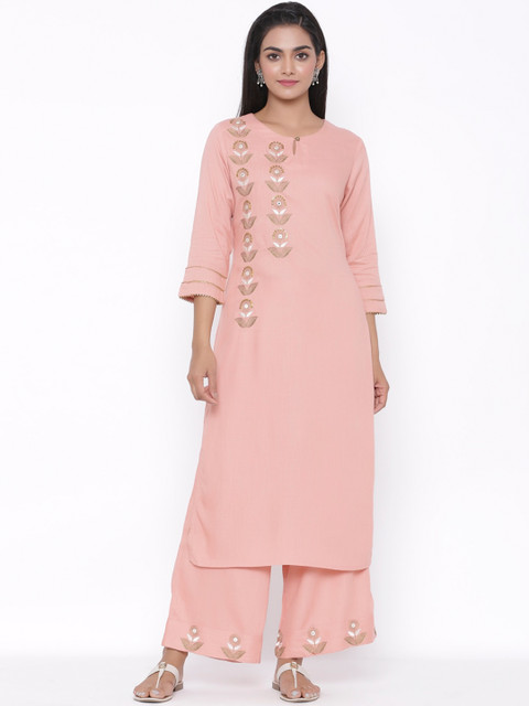 

fabGLOBAL Women Pink & Off-White Embroidered Kurta with Palazzos