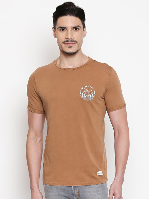 

People Men Brown Solid Round Neck Cotton T-shirt