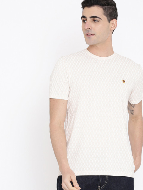 

True Blue Men Beige Self Design Round Neck T-shirt