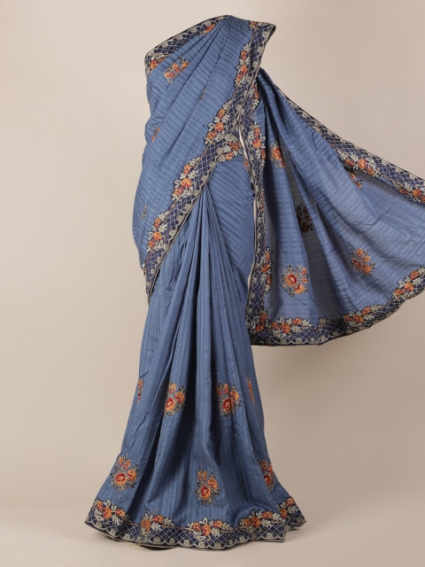 Pothys Blue Embroidered Jute Silk Saree