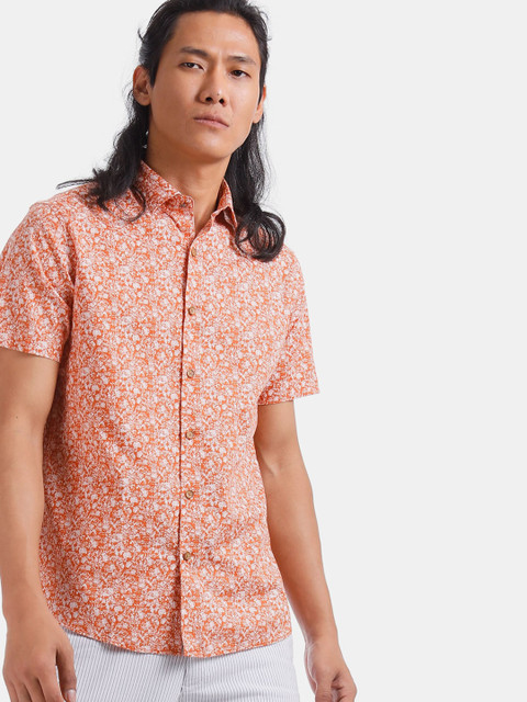 

True Blue Men Orange Slim Fit Printed Casual Shirt