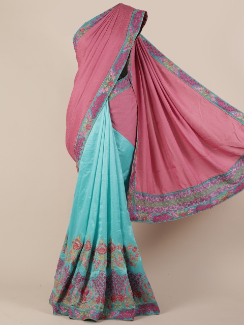 

Pothys Pink & Blue Jute Silk Colourblocked Saree