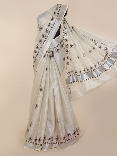 

Pothys Beige Pure Cotton Printed Kasavu Saree