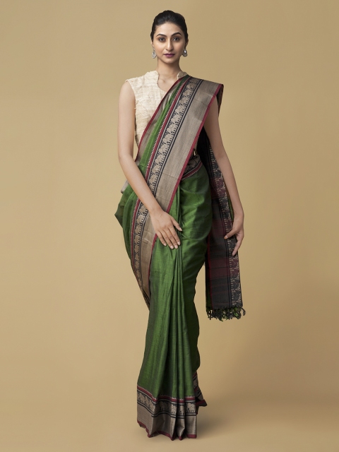 Unnati Silks Green Pure Cotton Solid Handloom Narayan Peth Saree