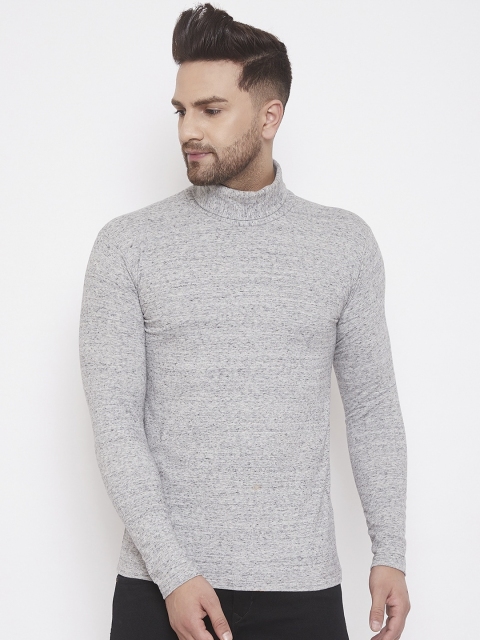 

Hypernation Men Grey Melange Self Design High Neck T-shirt