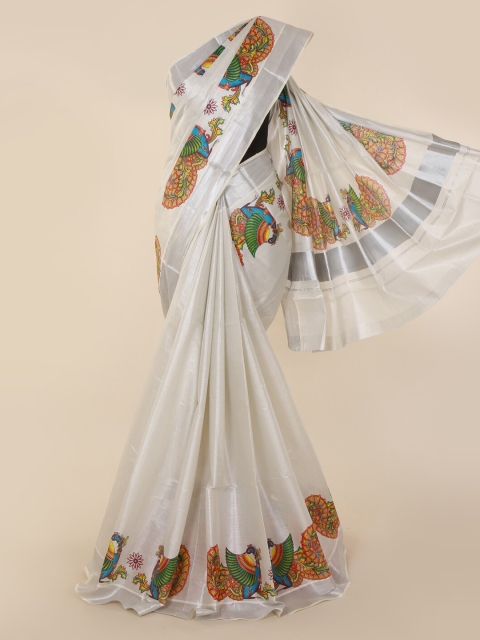 

Pothys Off-White & Yellow Pure Cotton Printed Kasavu Saree