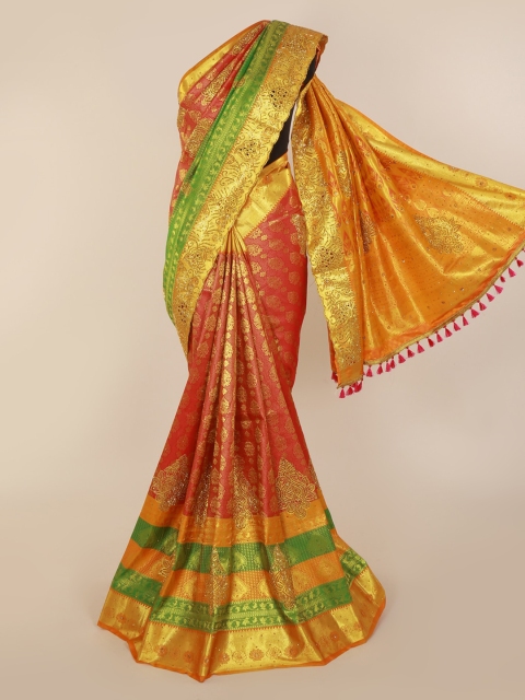 

Pothys Gold-Toned & Green Pure Silk Woven Design Kanjeevaram Saree