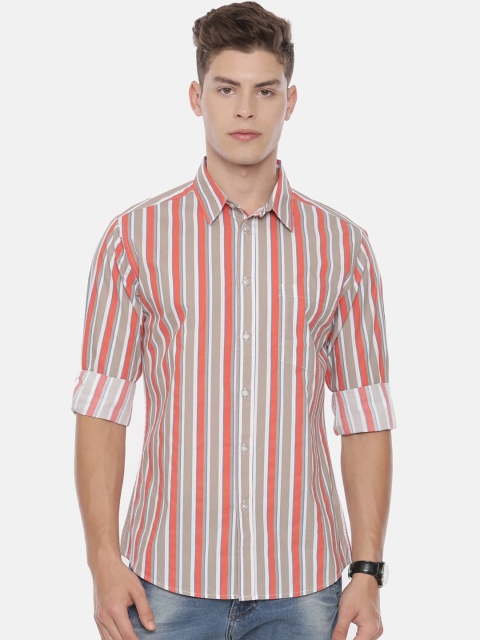 QUANCIOUS Men Orange & Grey Regular Fit Striped Organic Cotton Casual Shirt
